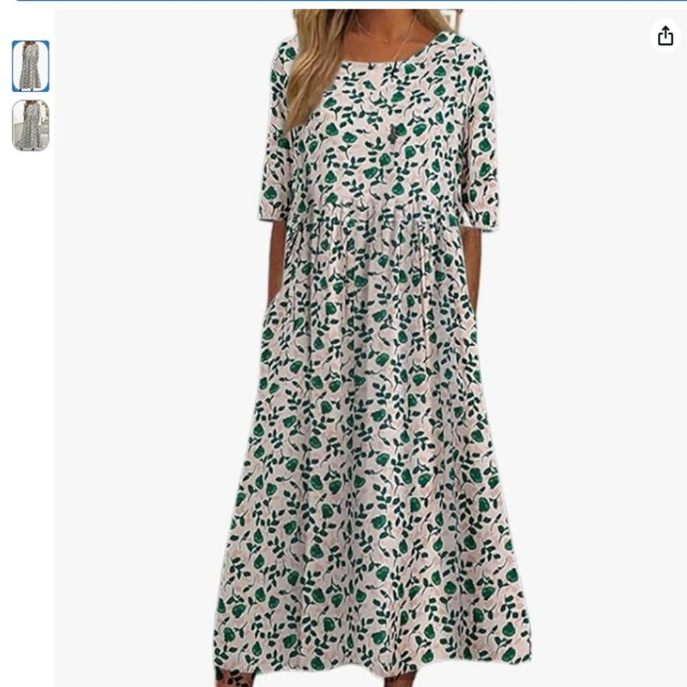 Boho Floral Flowy A Line Midi Dress Casual Loose Short Sleeve Dress w/Pockets